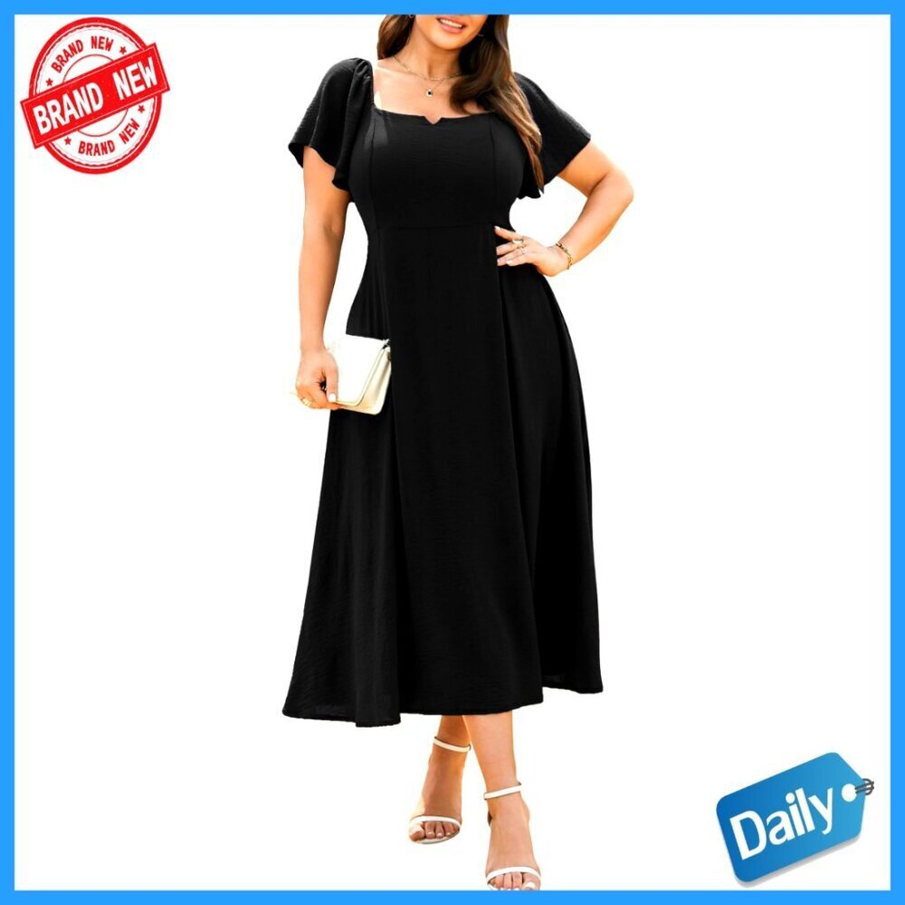 Plus Size Formal Maxi Dress with Pockets V-Neck Short Sleeve Wedding Guest